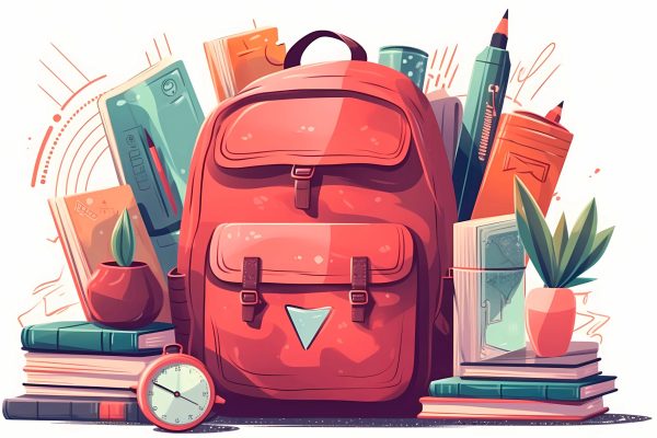 Vector illustration of red backpack with school supplies, generative AI.