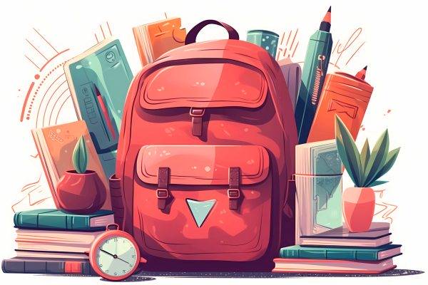 Vector illustration of red backpack with school supplies, generative AI.